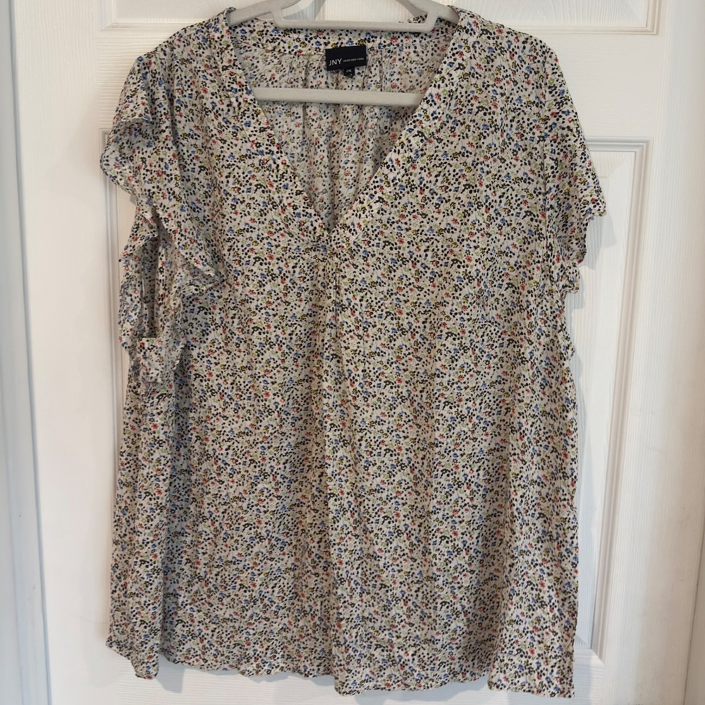 Jones New York Floral Ditsy Flutter Sleeve V-Neck Blouse White Plus 3X Rayon
